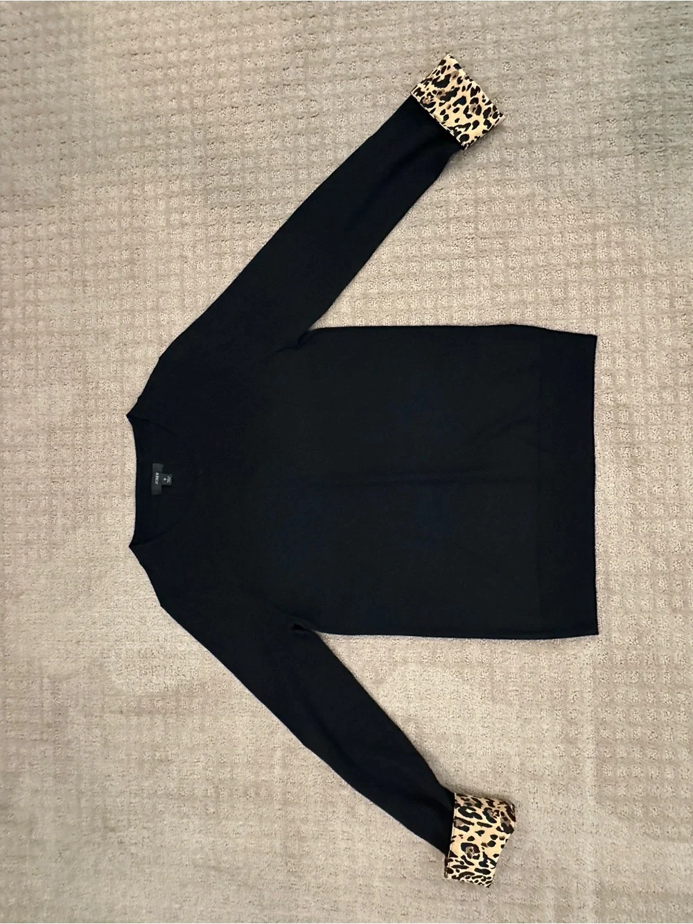 J. Crew Black Crewneck Sweater with Leopard-Print Cuffs